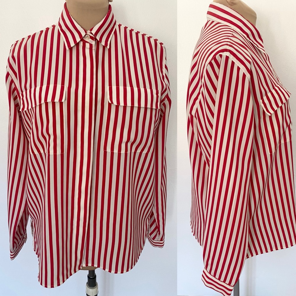Vintage 80s CRICKET LANE Striped Blouse *Size 14* Red White Silky Career Top
